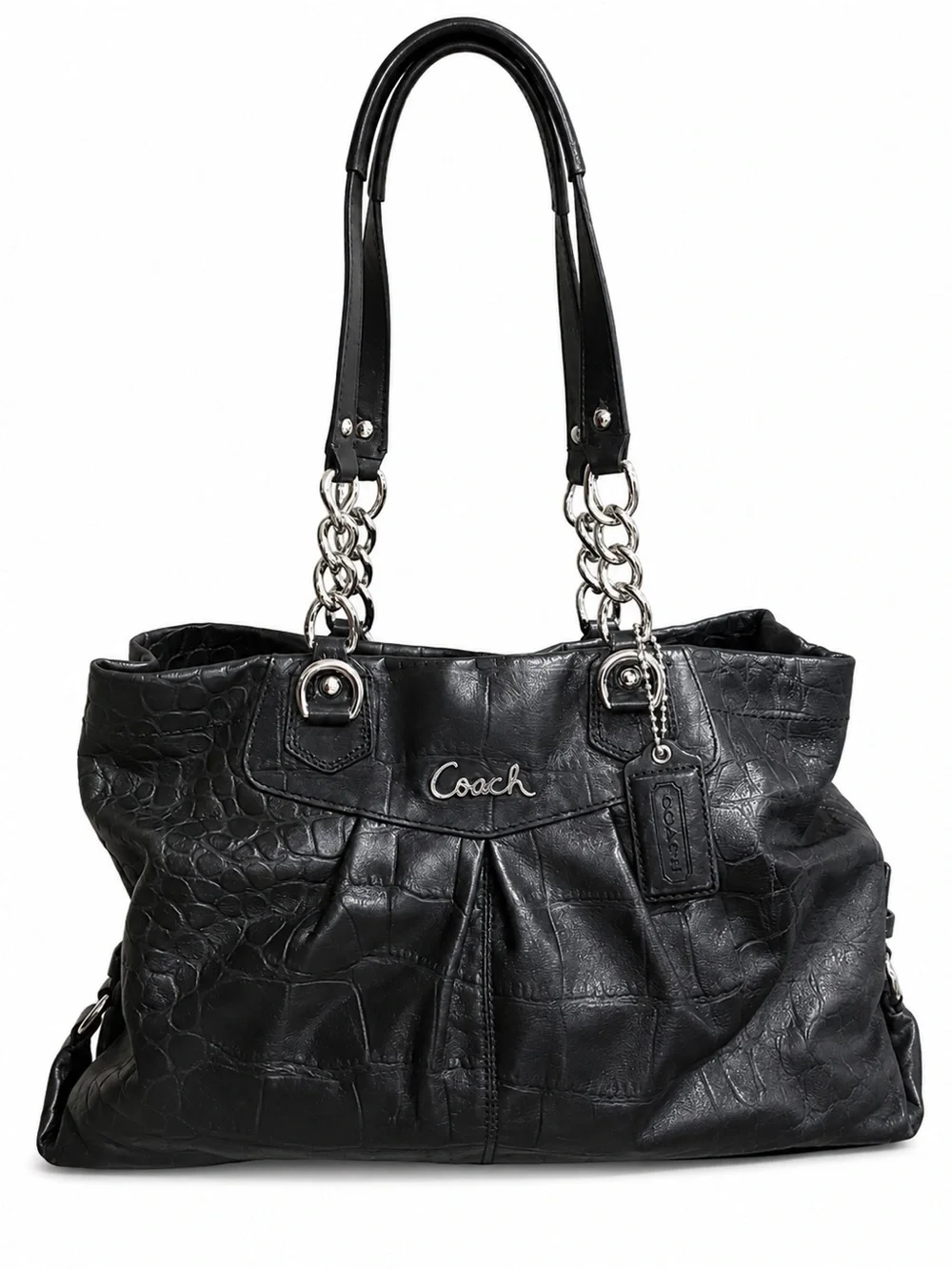 Coach Ashley Croc-Embossed Leather Carryall Satchel Shoulder Bag Black F17661